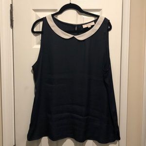 Navy with white collar blouse